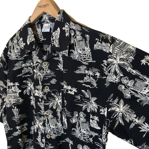 OP Ocean Pacific Sport Black Hawaiian Tiki Hut Aloha Camp Lounge Shirt L - Picture 6 of 11